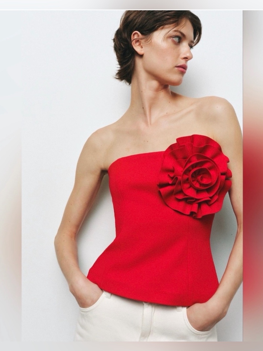 NWT Zara 3D  Floral Strapless Corset top in Red XS